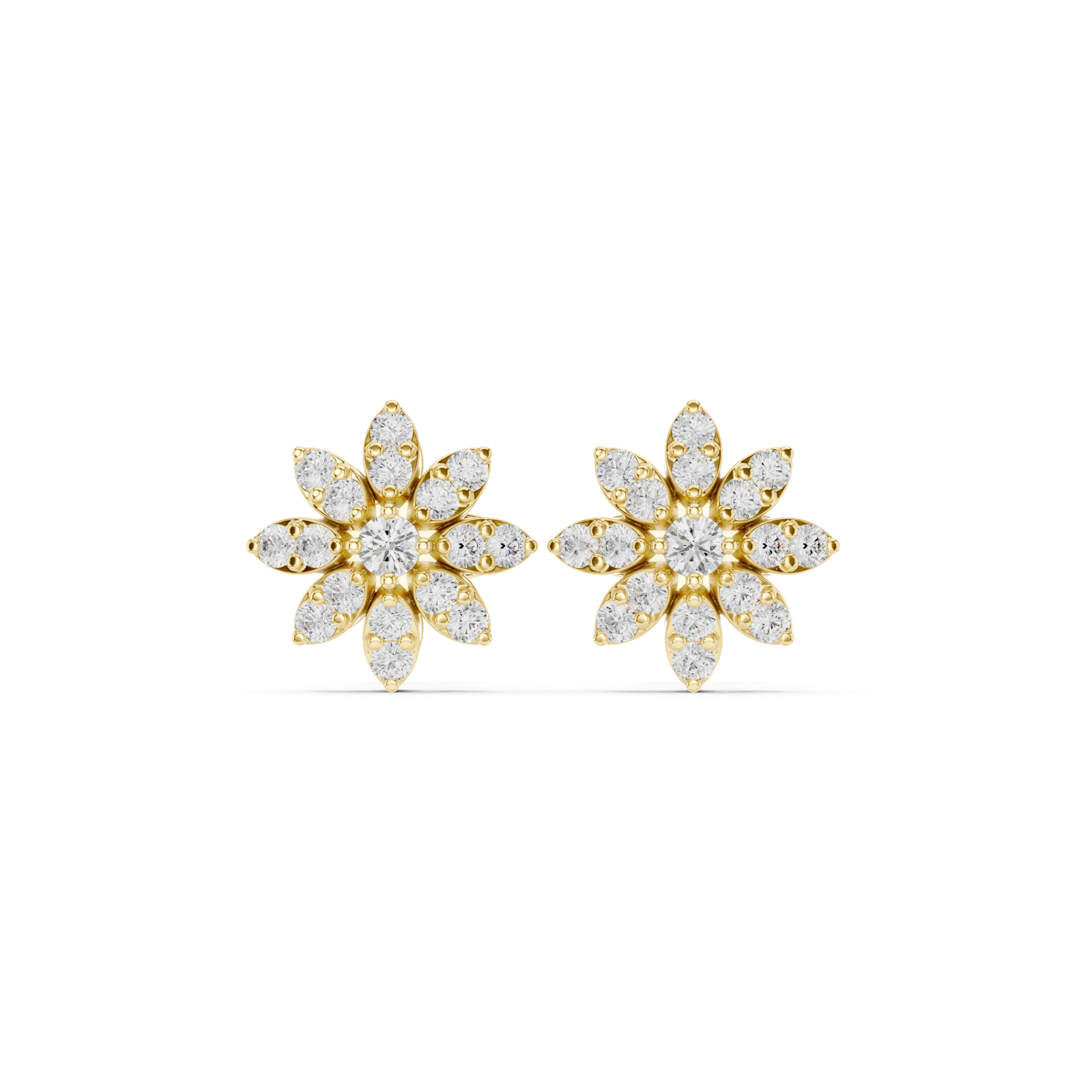 14K Solid Gold Lab Diamond Flower Cluster Earrings, Yellow Gold