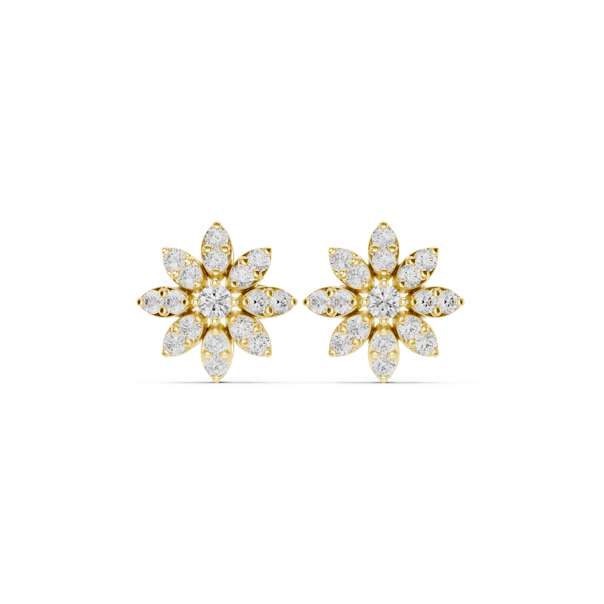 14K Solid Gold Lab Diamond Flower Cluster Earrings, Yellow Gold