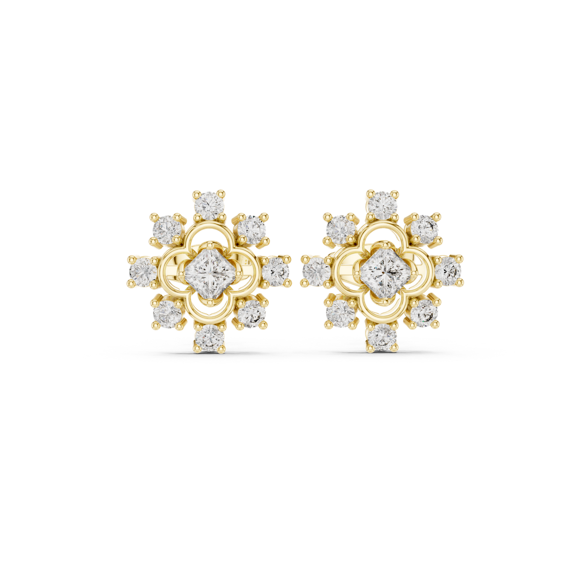 14K Solid Gold Lab Diamond Flower Cluster Earrings, Yellow Gold