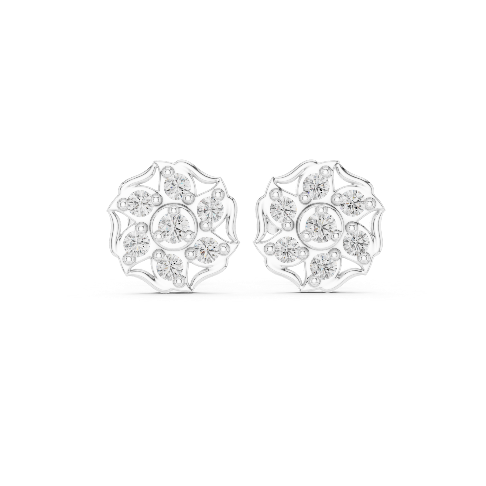 14K Solid Gold Lab Diamond Cluster Earrings, White Gold