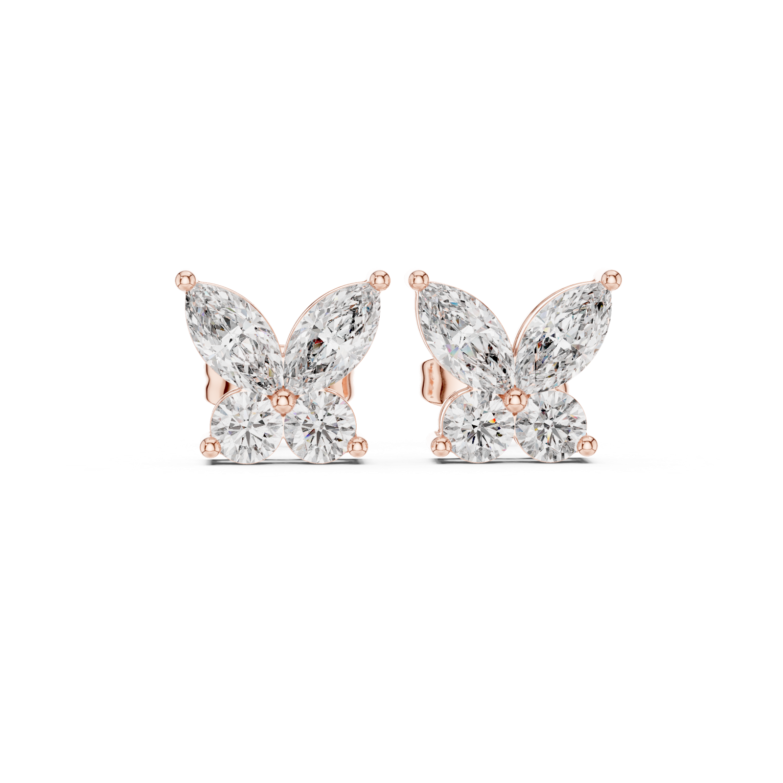 14K Solid Gold Lab Diamond Butterfly Cluster Earrings, Rose Gold