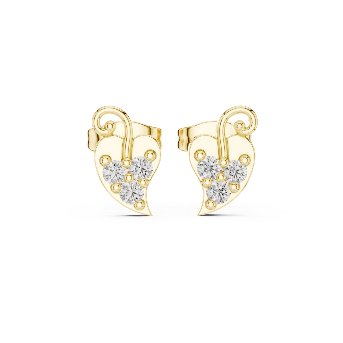 14K Solid Gold Lab Diamond Heart Cluster Earrings, Yellow Gold