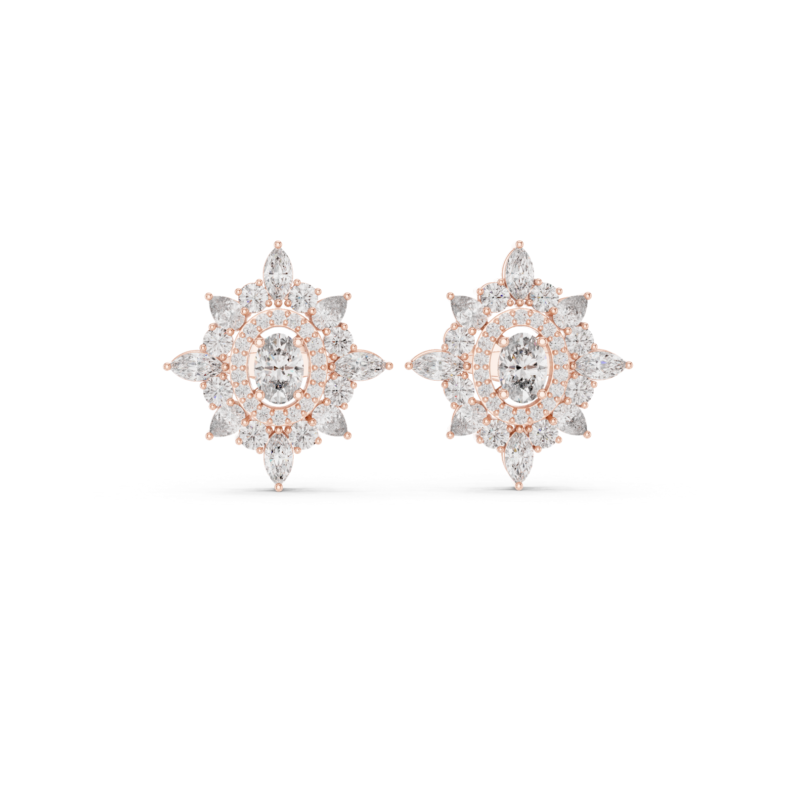14K Solid Gold Lab Diamond Star Cluster Earrings, Rose Gold