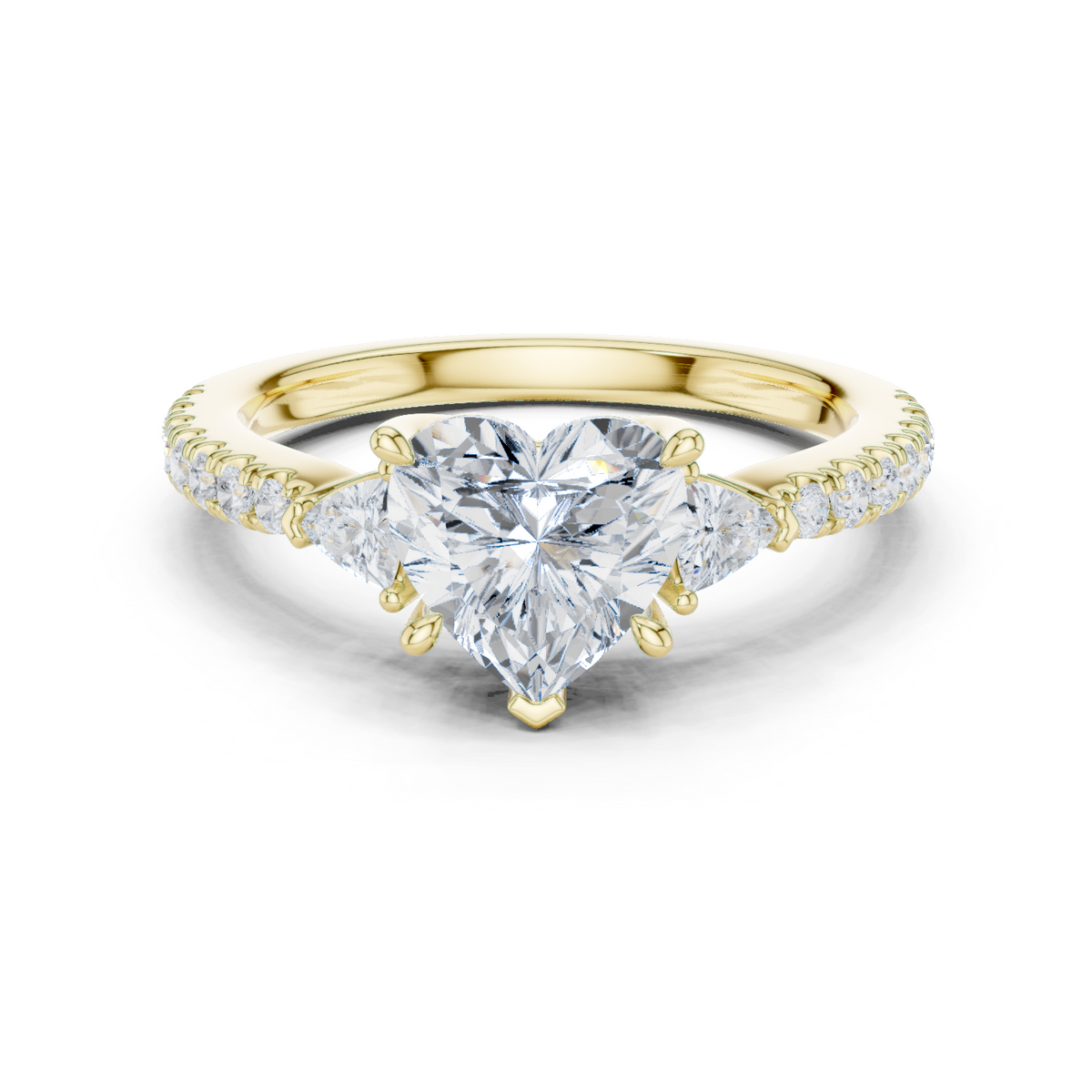 14K Solid Gold Lab Diamond Heart Three-Stone Ring, Yellow Gold