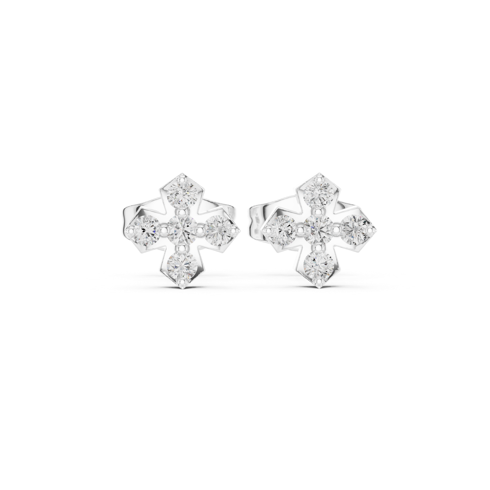 14K Solid Gold Lab Diamond Clover Cluster Earrings, White Gold