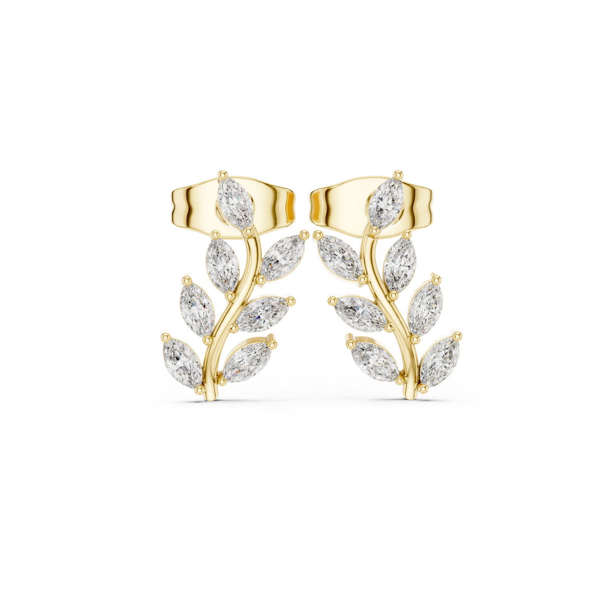 14K Solid Gold Lab Diamond Leaf Drop Earrings, Yellow Gold