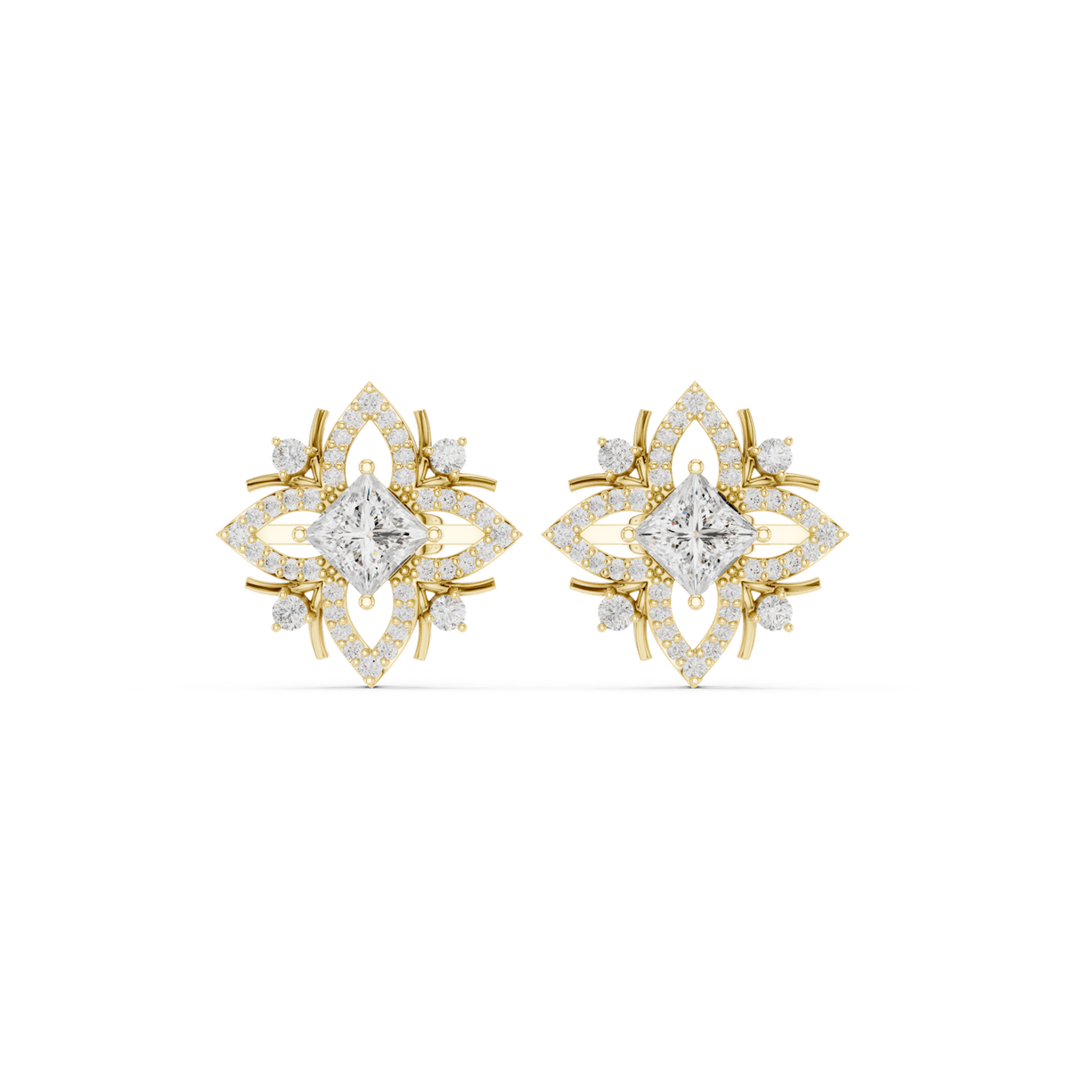 14K Solid Gold Lab Diamond Flower Cluster Earrings, Yellow Gold