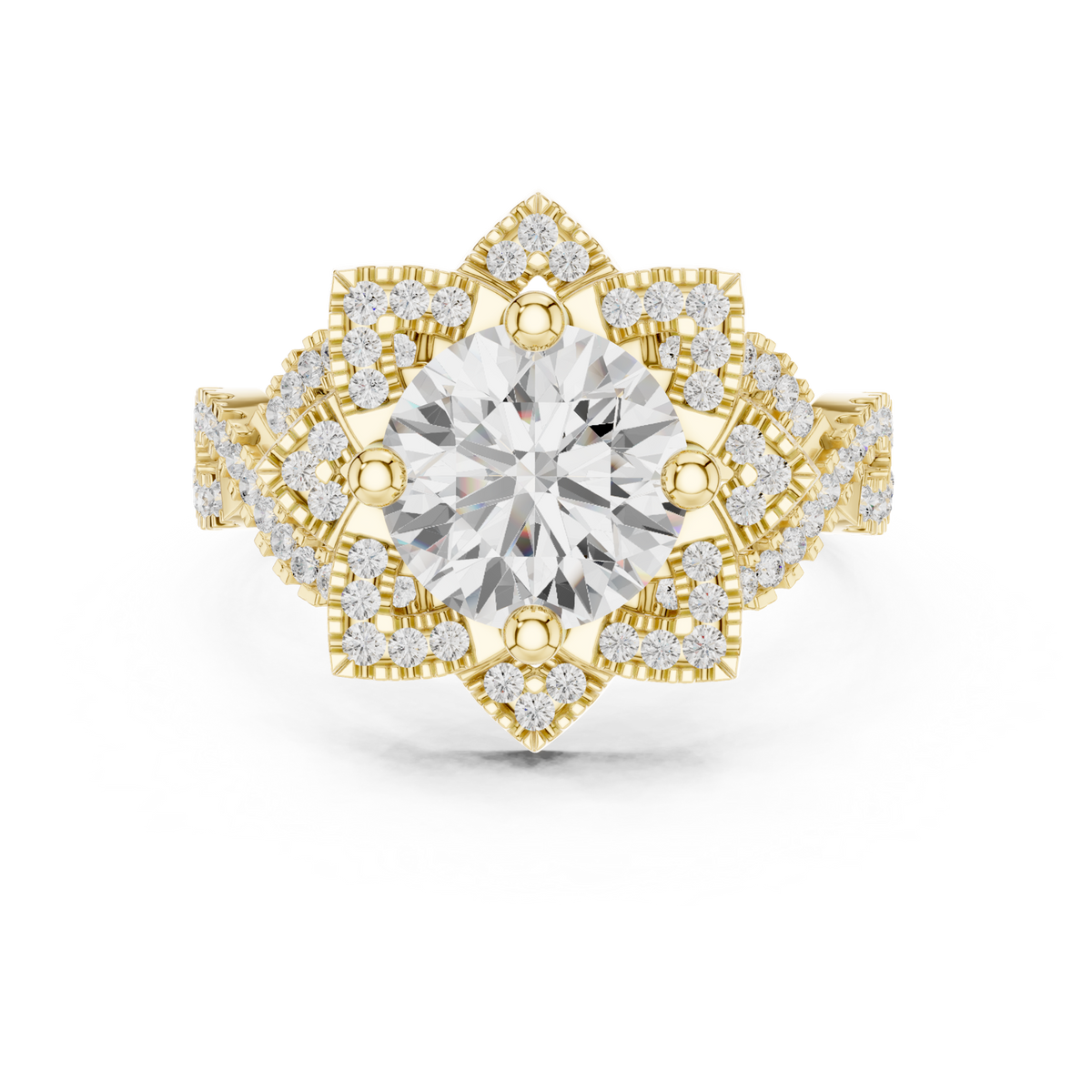 14K Solid Gold Lab Diamond Halo Ring, Yellow Gold