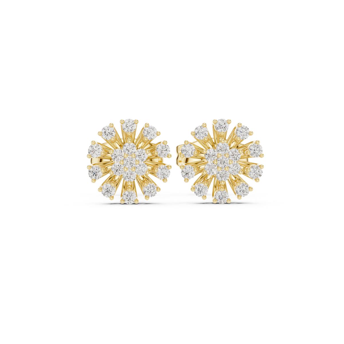 14K Solid Gold Lab Diamond Flower Halo Earrings, Yellow Gold