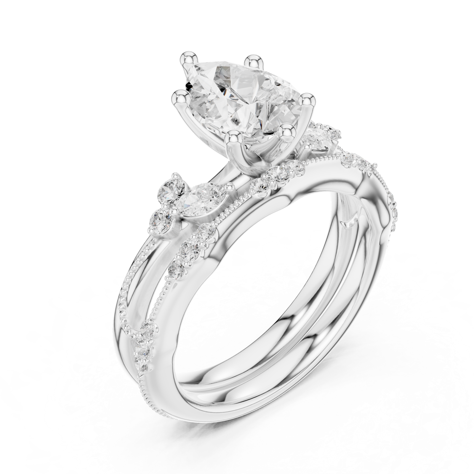 Gold Ring DDLR-299, Pear center stone, White Gold, view 2