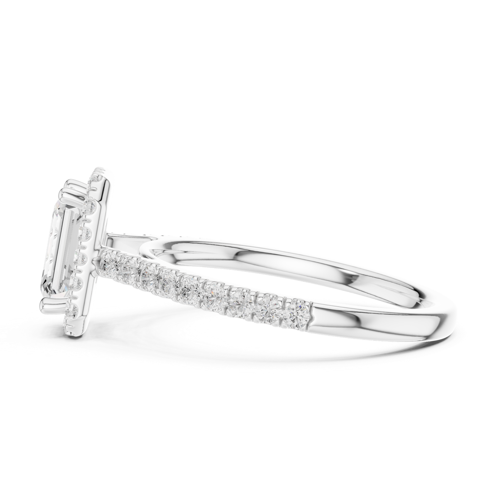 Gold Halo Pave Engagement Ring, Emerald center stone, White Gold, view 3