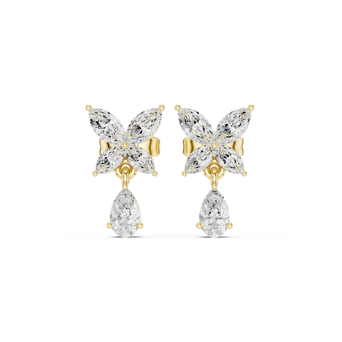 14K Solid Gold Lab Diamond Butterfly Drop Earrings, Yellow Gold