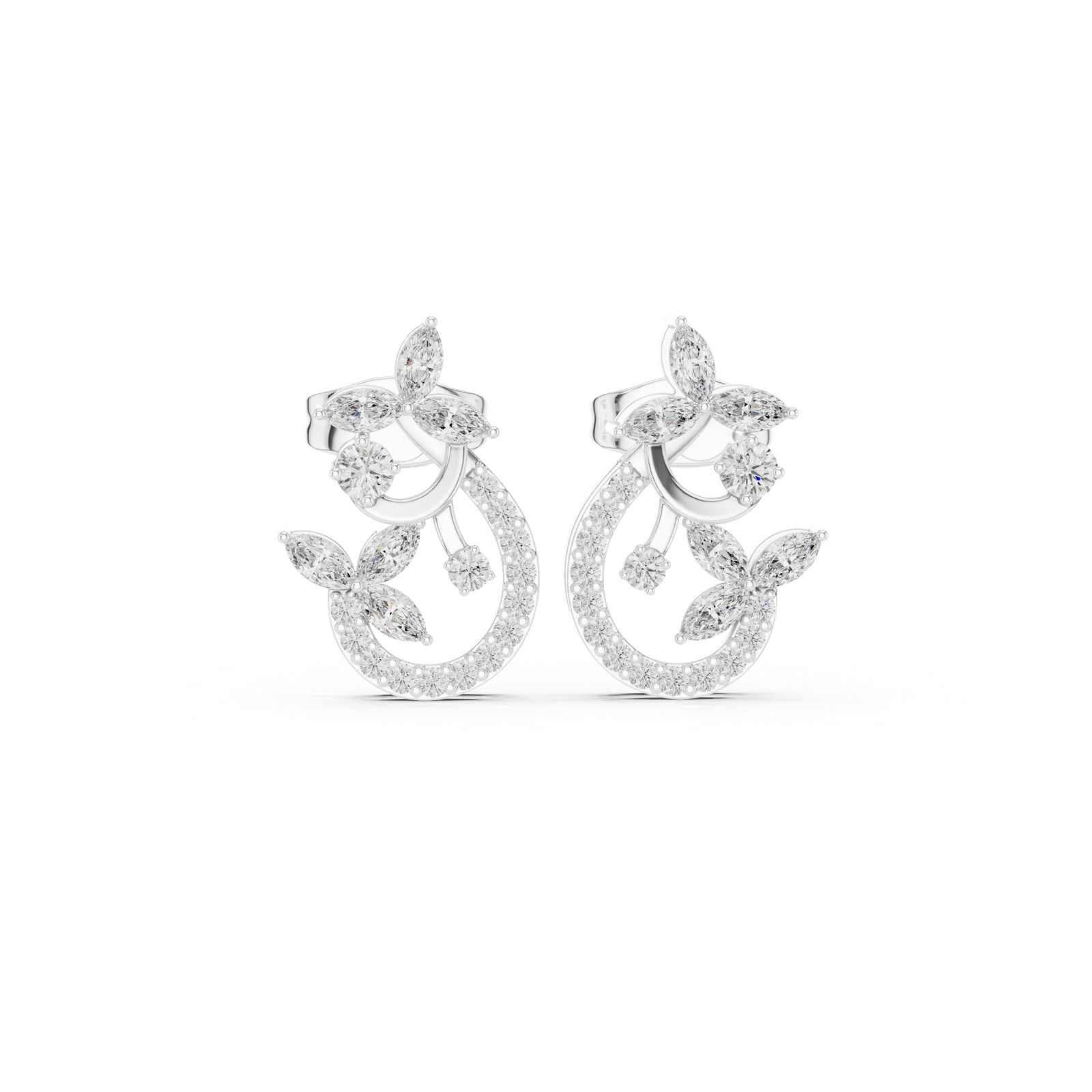 14K Solid Gold Lab Diamond Cluster Earrings, White Gold