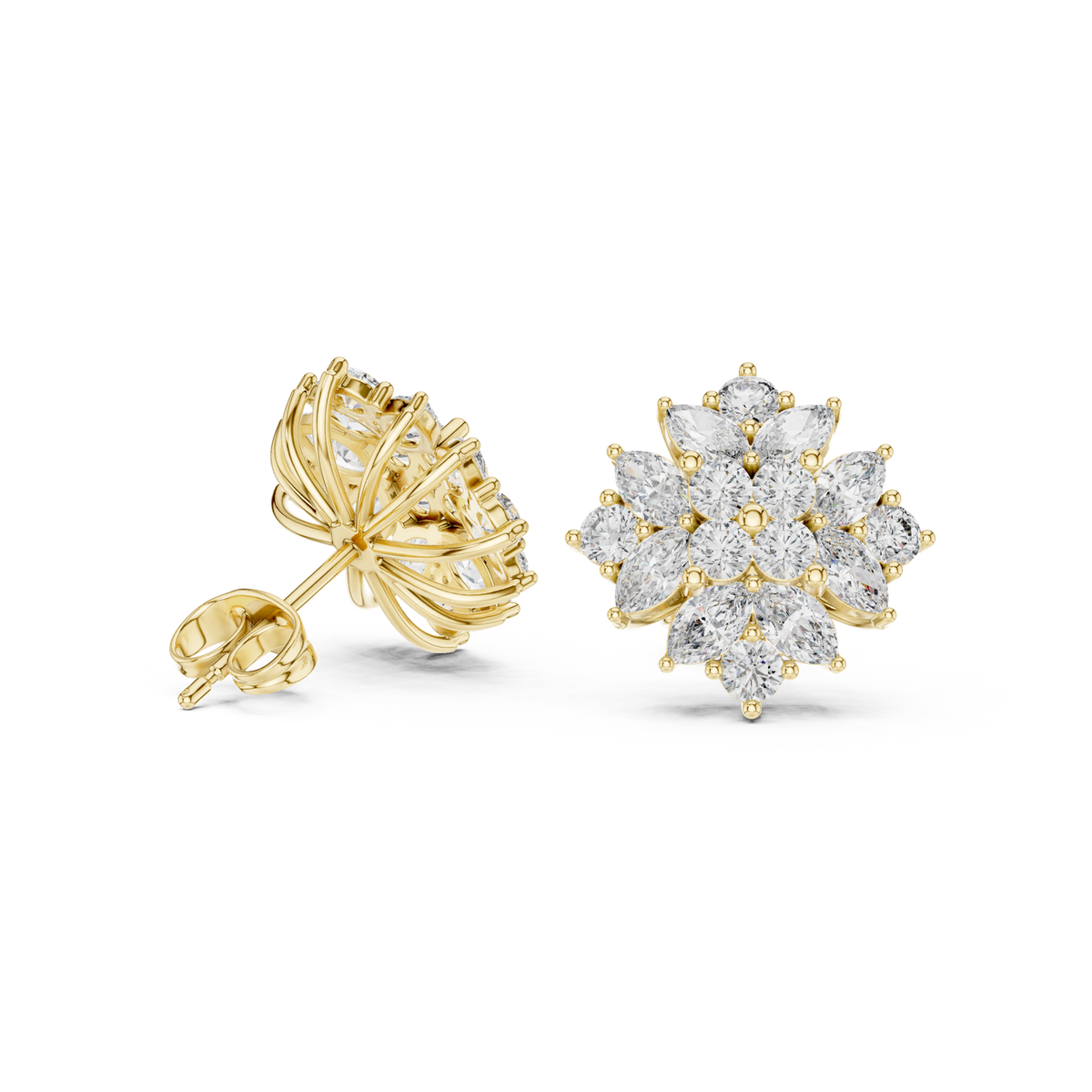 14K Solid Gold Lab Diamond Flower Cluster Earrings, Yellow Gold, view 1