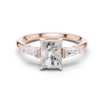 Gold Three-Stone Baguette Engagement Ring, Radiant center stone, Rose Gold