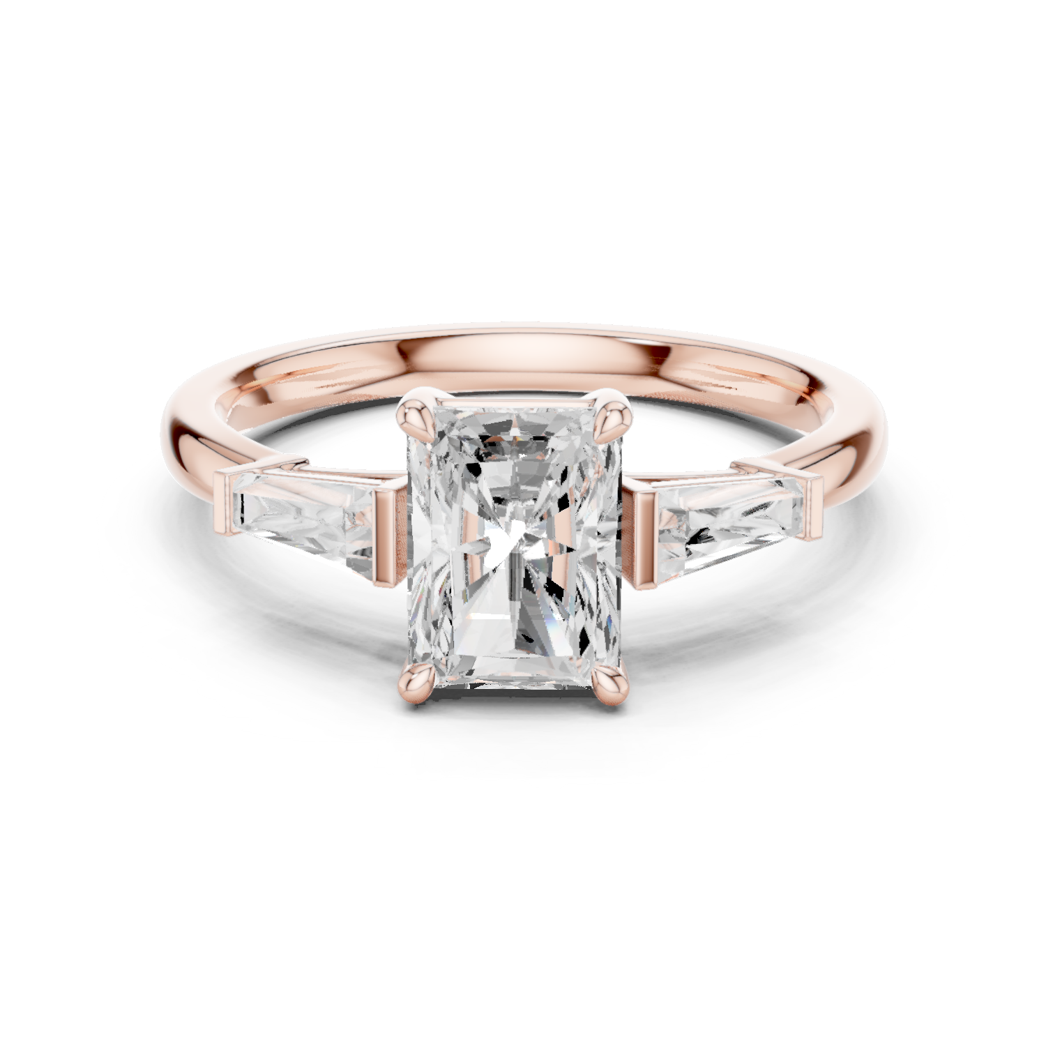 Gold Three-Stone Baguette Engagement Ring, Radiant center stone, Rose Gold
