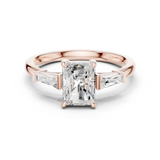 Gold Three-Stone Baguette Engagement Ring, Radiant center stone, Rose Gold