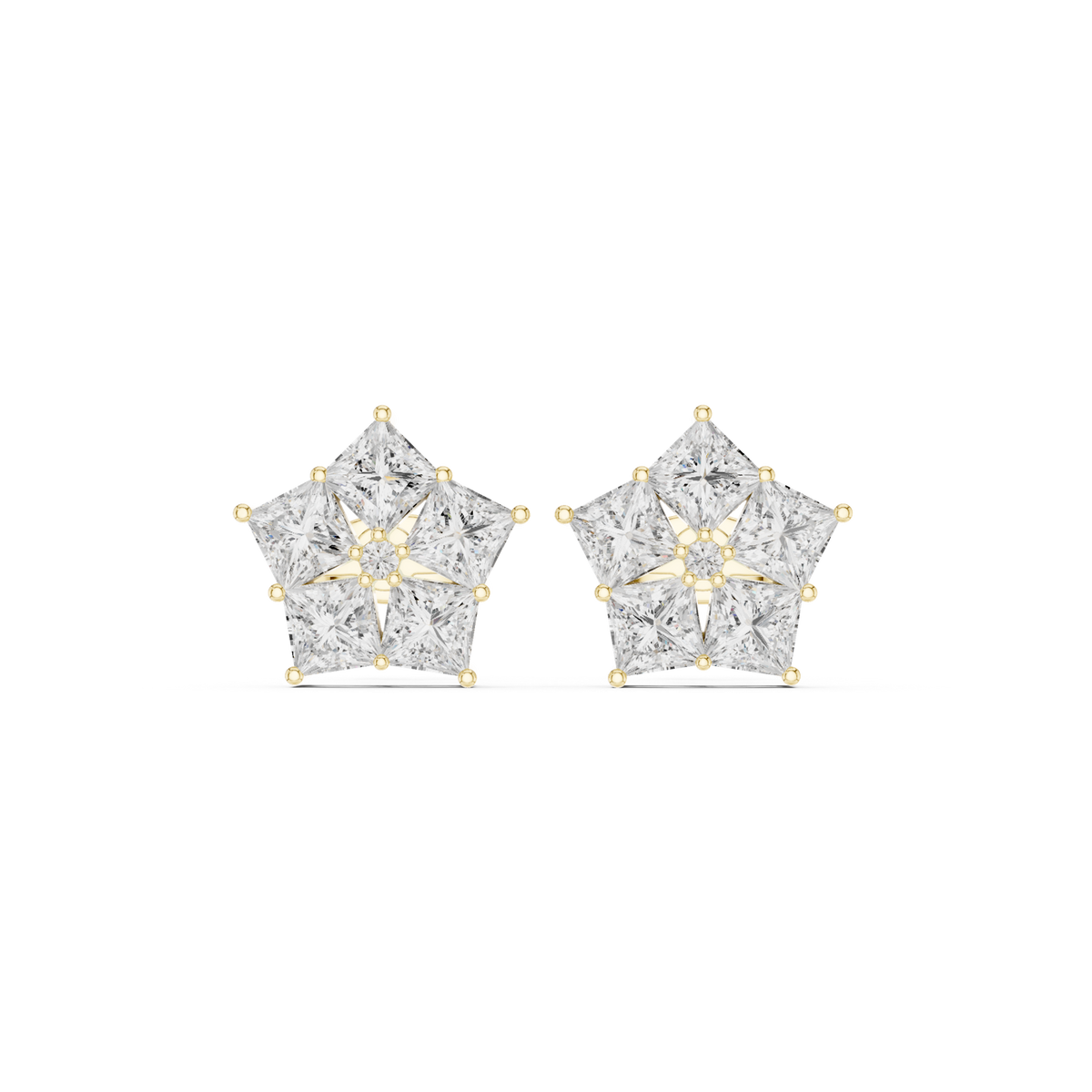 14K Solid Gold Lab Diamond Star Cluster Earrings, Yellow Gold