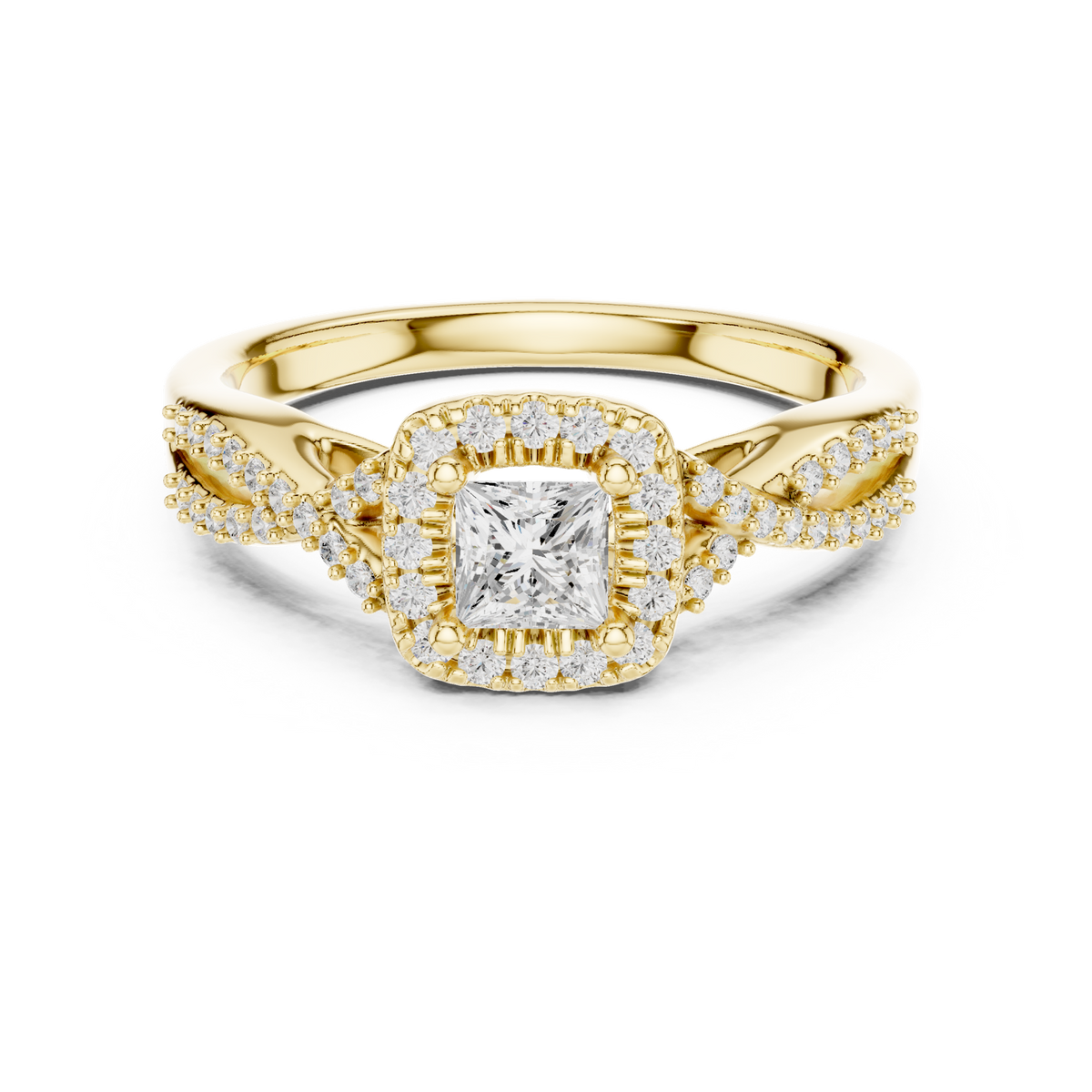 14K Solid Gold Lab Diamond Halo Ring, Yellow Gold