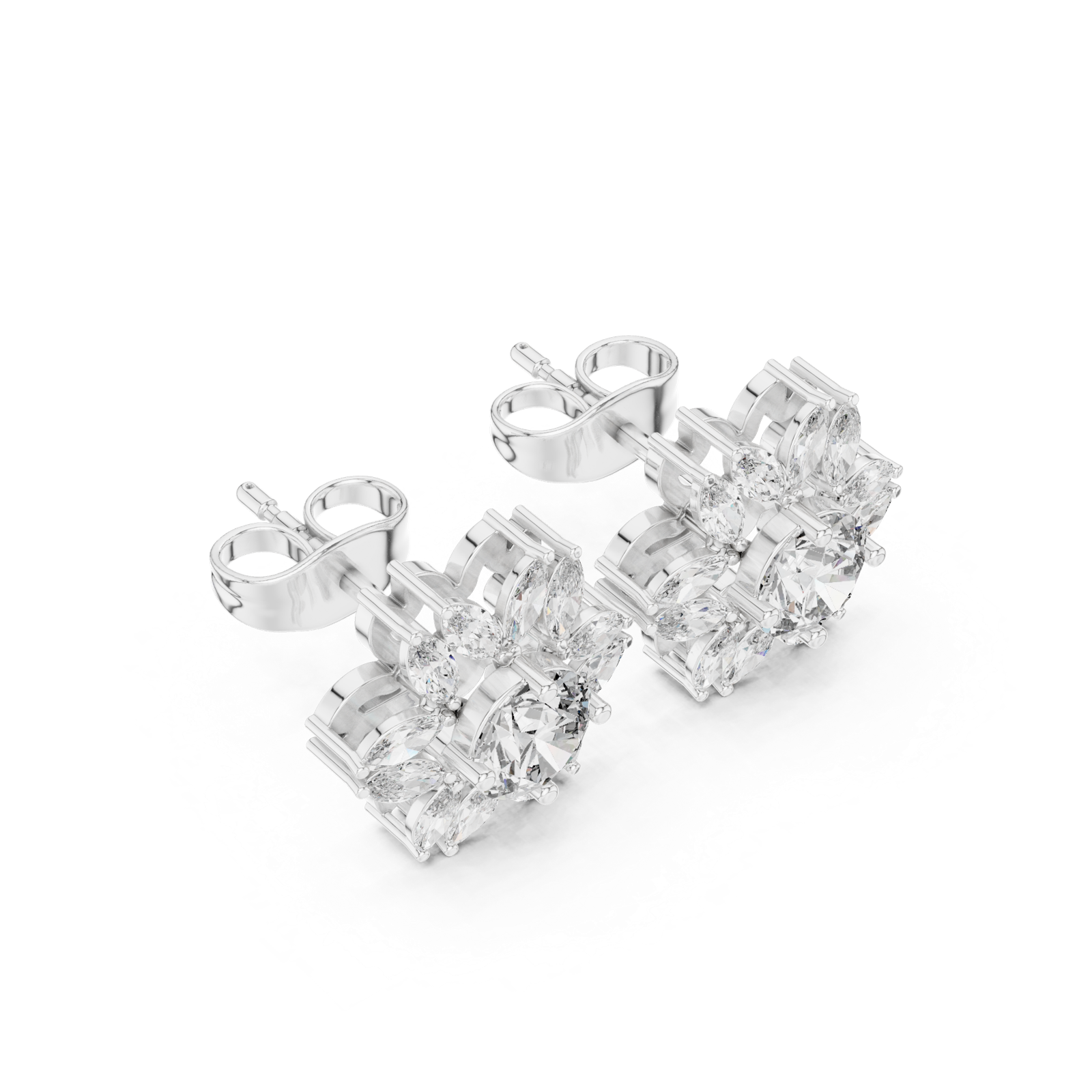 14K Solid Gold Lab Diamond Flower Cluster Earrings, White Gold, view 2