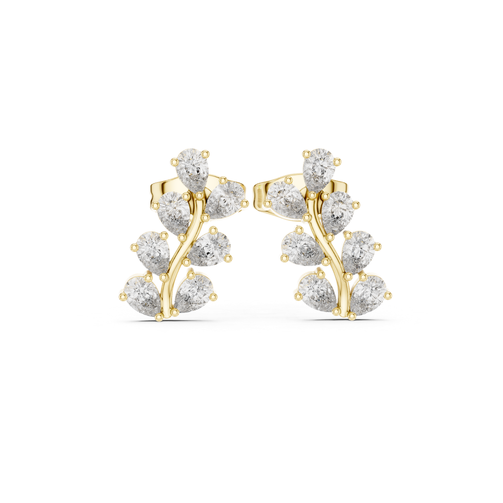 14K Solid Gold Lab Diamond Leaf Cluster Earrings, Yellow Gold
