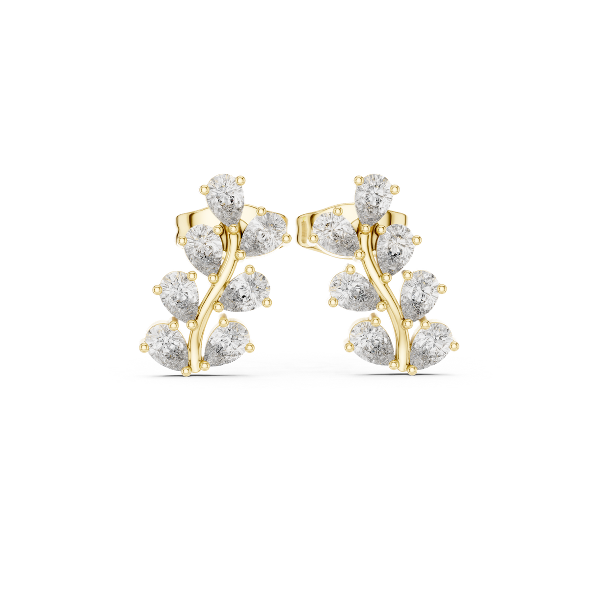 14K Solid Gold Lab Diamond Leaf Cluster Earrings, Yellow Gold