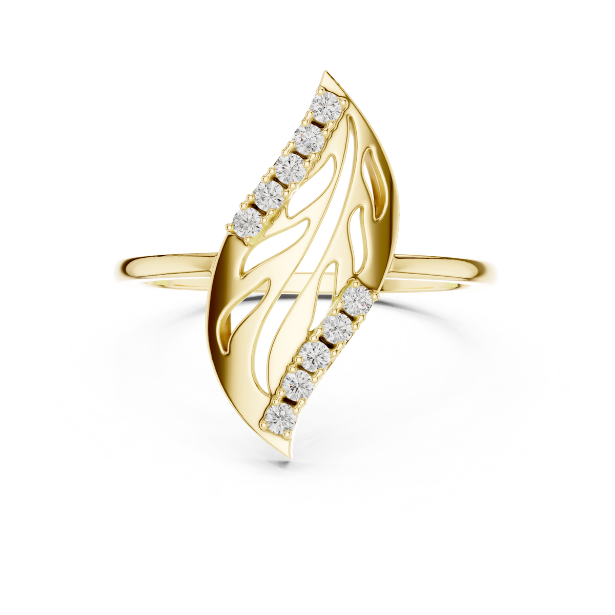 14K Solid Gold Lab Diamond Leaf Cluster Ring, Yellow Gold