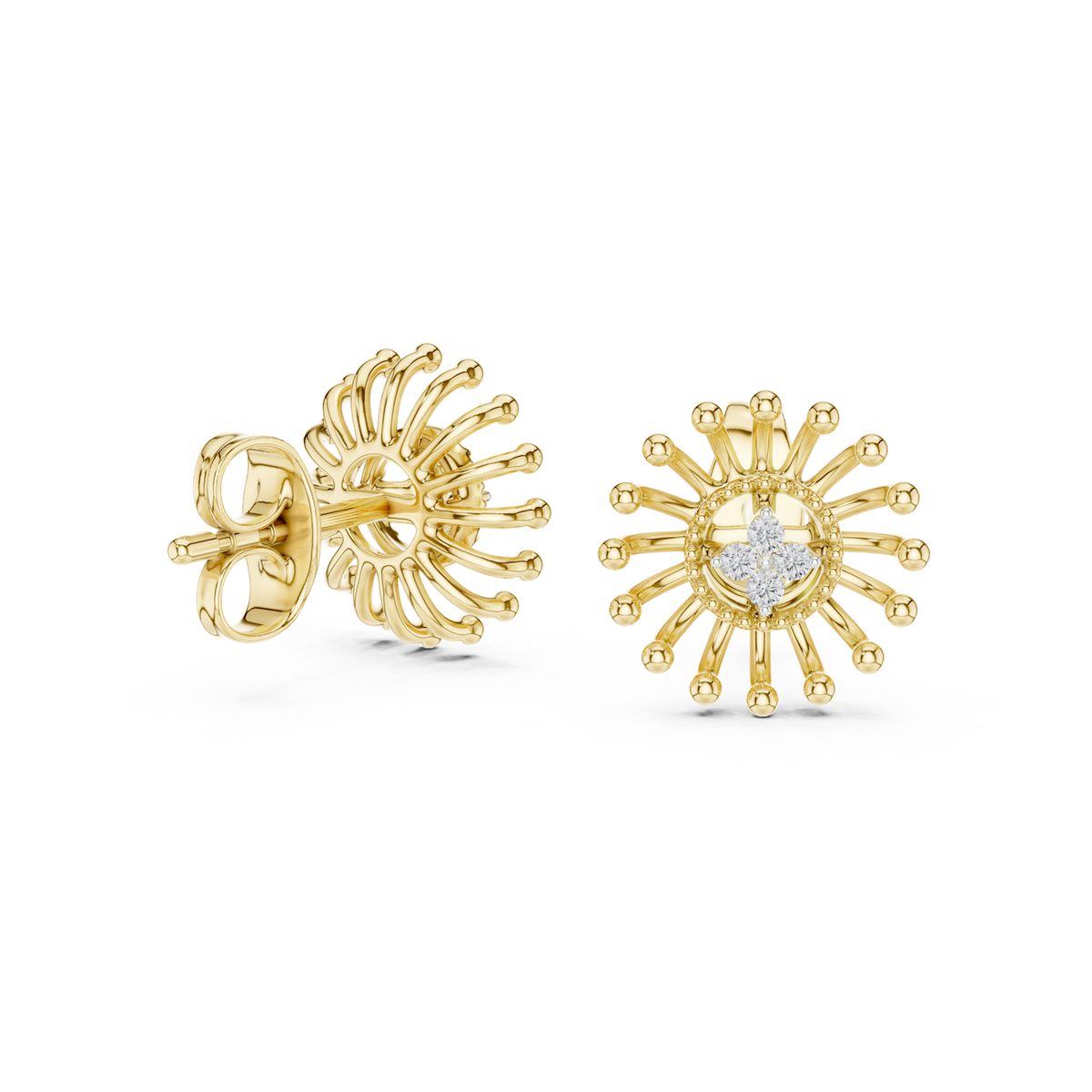14K Solid Gold Lab Diamond Flower Stud Earrings, Yellow Gold, view 1