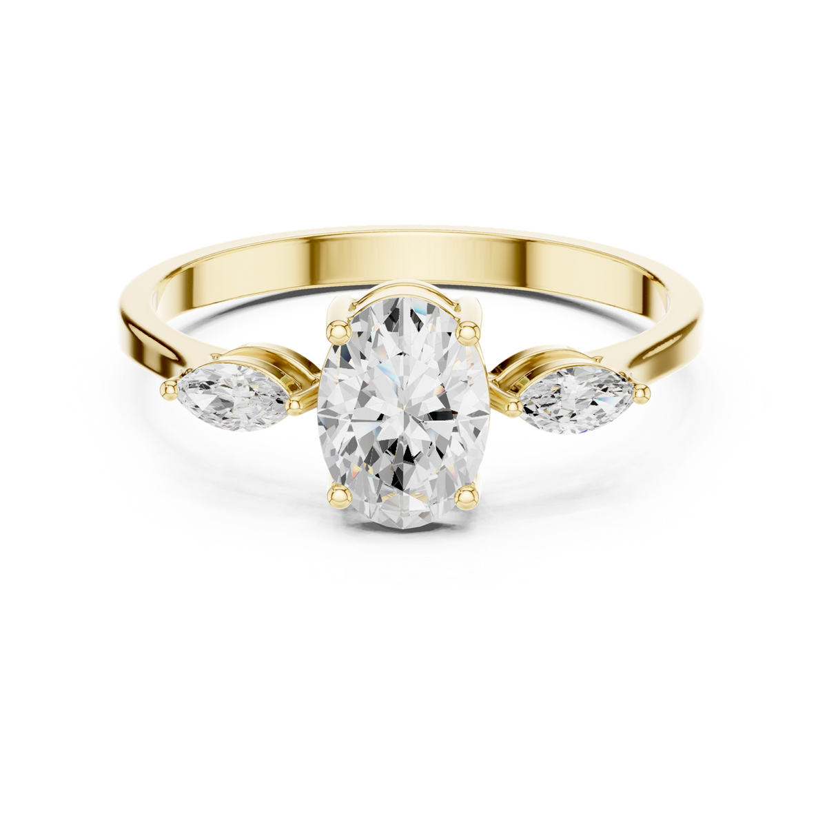 14K Solid Gold Lab Diamond Three-Stone Ring, Yellow Gold