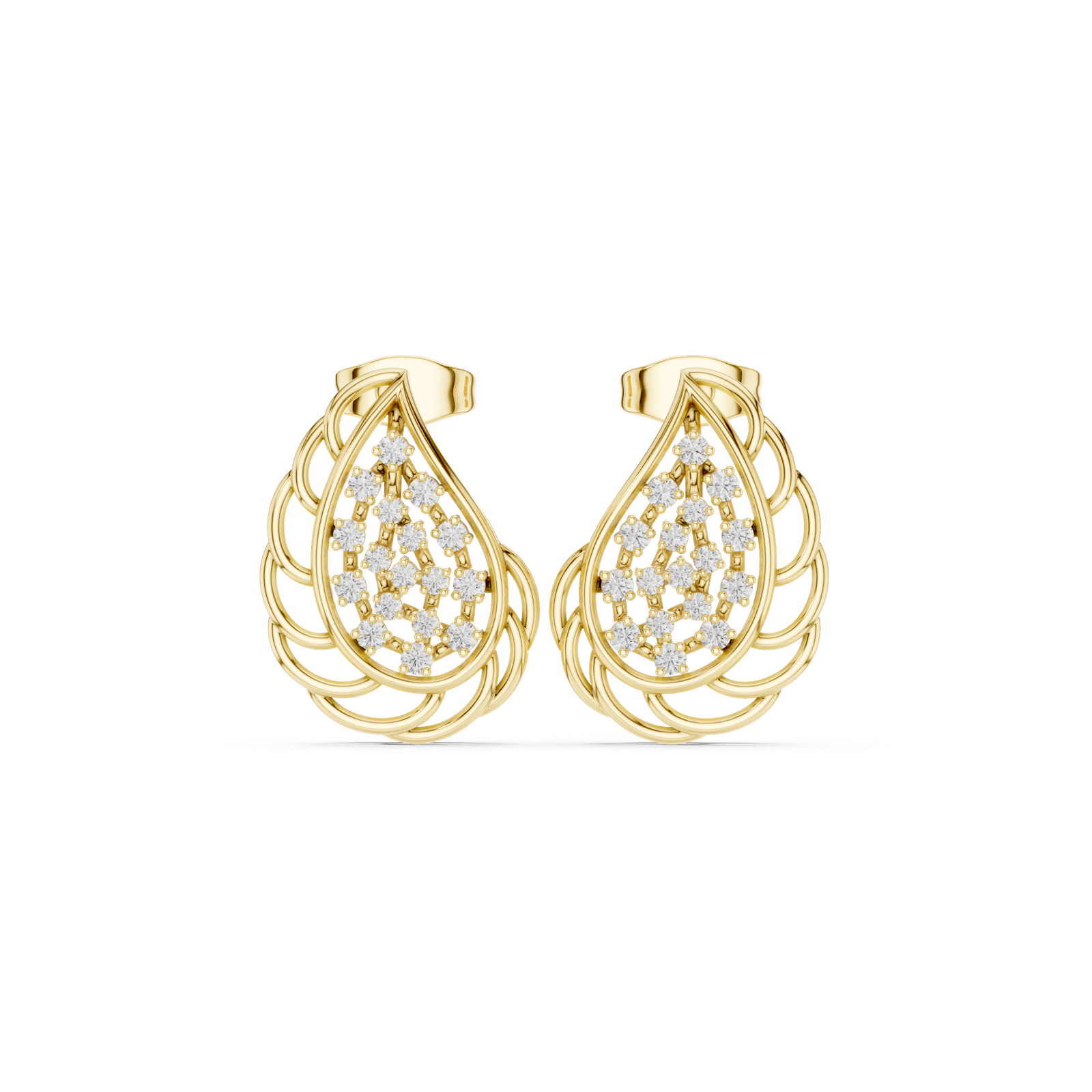 14K Solid Gold Lab Diamond Leaf Cluster Earrings, Yellow Gold