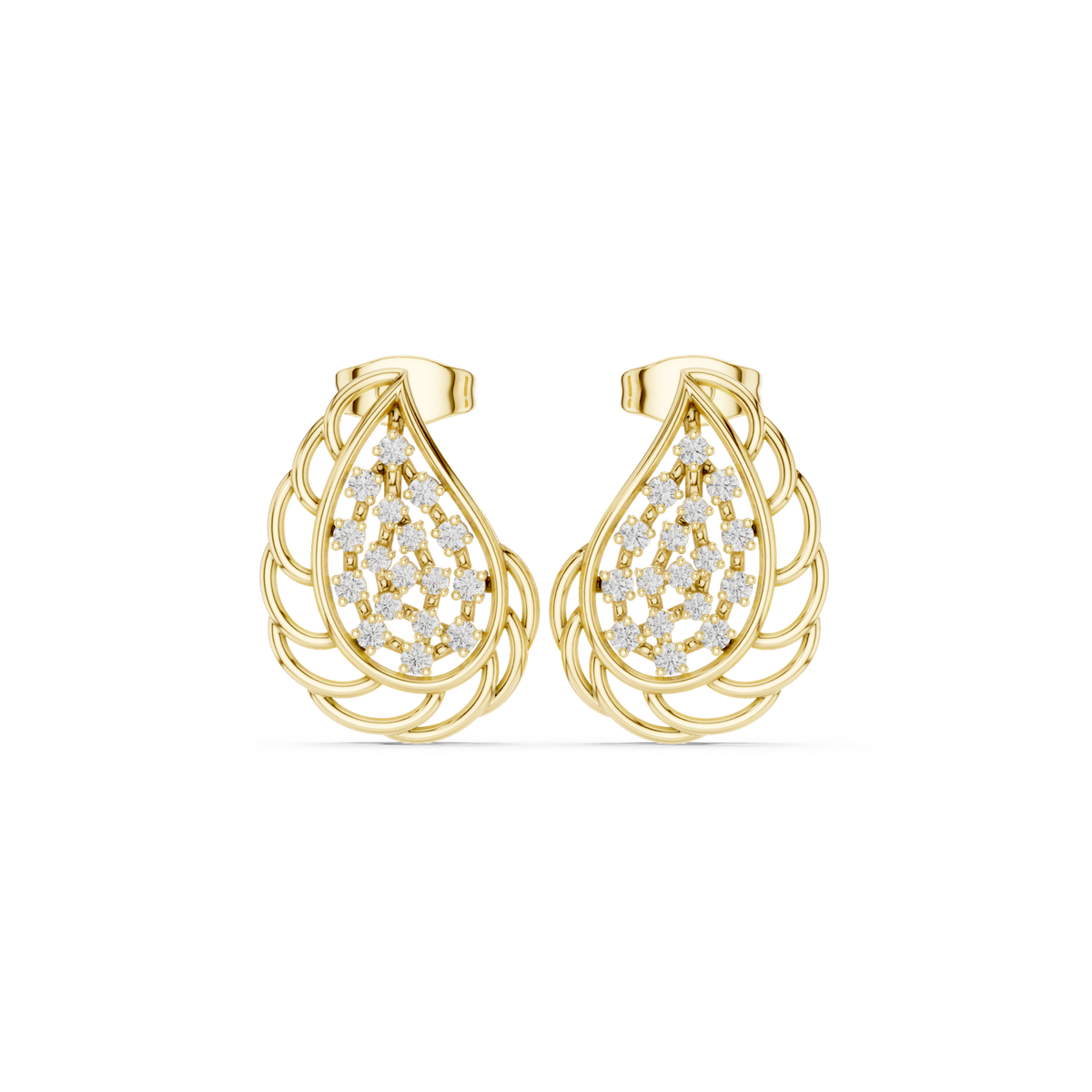 14K Solid Gold Lab Diamond Leaf Cluster Earrings, Yellow Gold