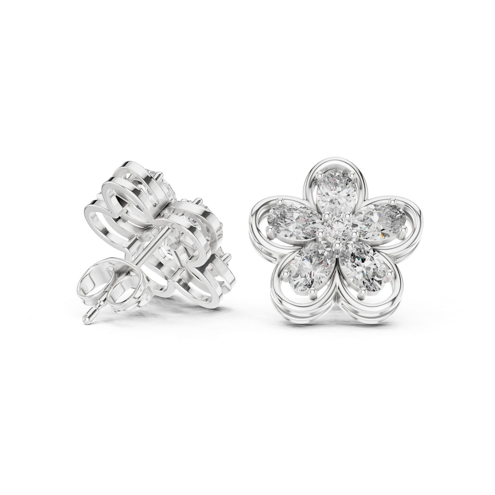 14K Solid Gold Lab Diamond Flower Cluster Earrings, White Gold, view 1
