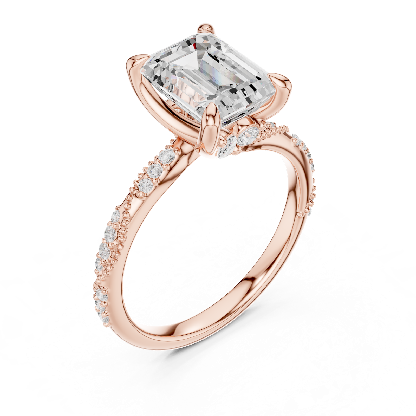 Gold Ring DDLR-167, Emerald center stone, Rose Gold, view 2
