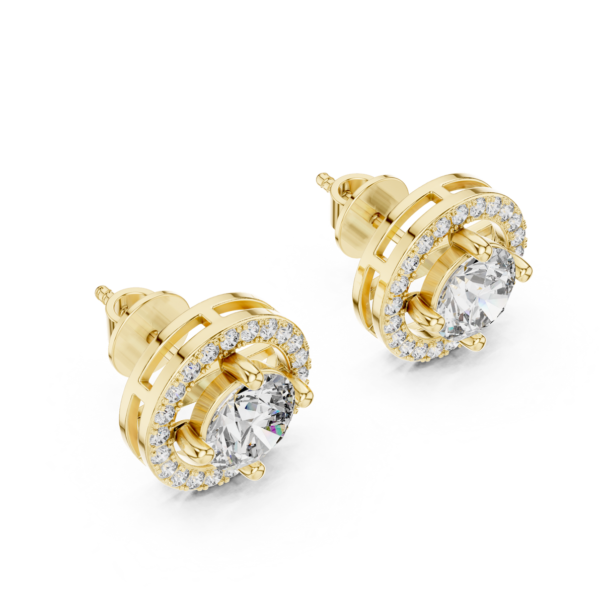 14K Solid Gold Lab Diamond Halo Earrings, Yellow Gold, view 2