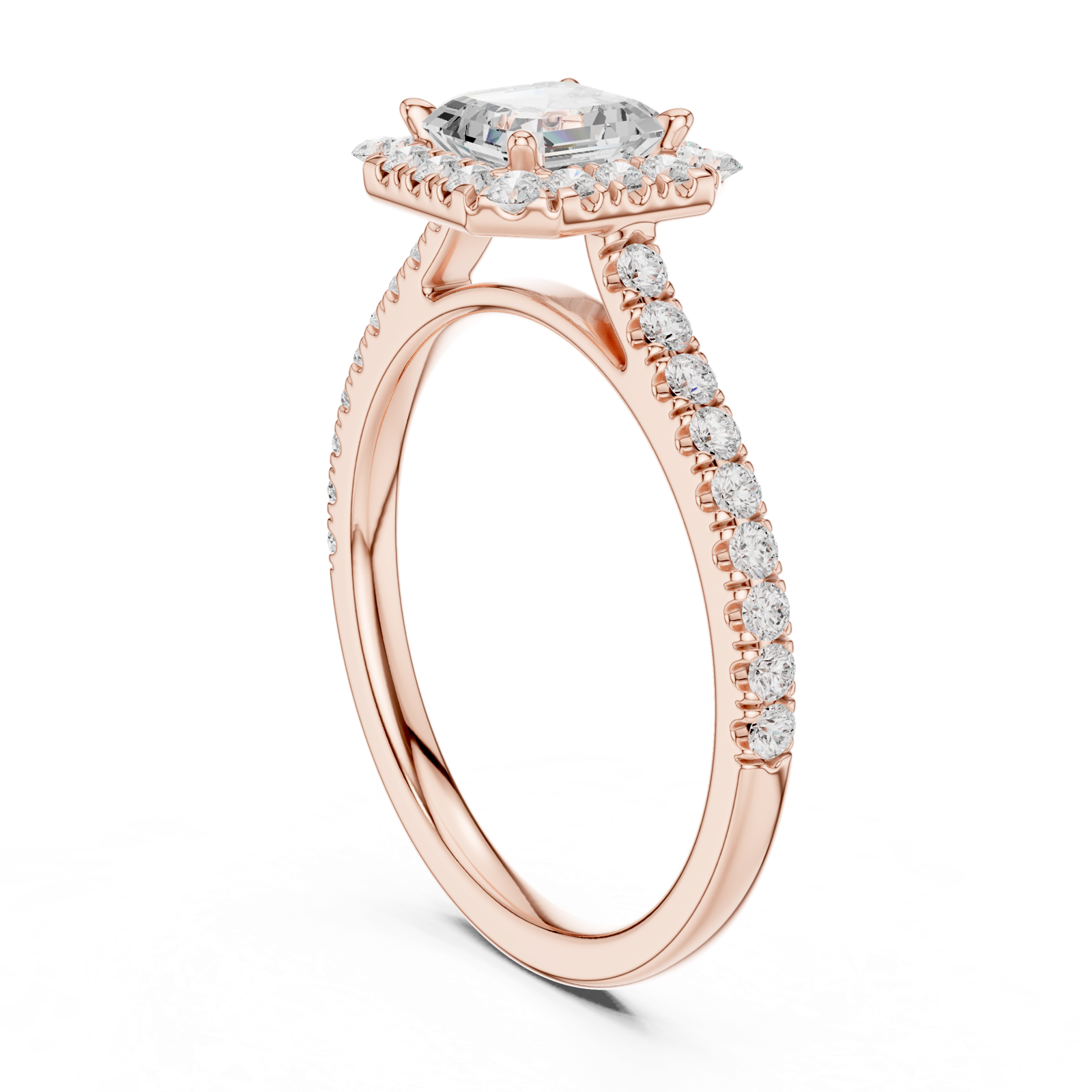 Gold Halo Pave Engagement Ring, Princess center stone, Rose Gold, view 1