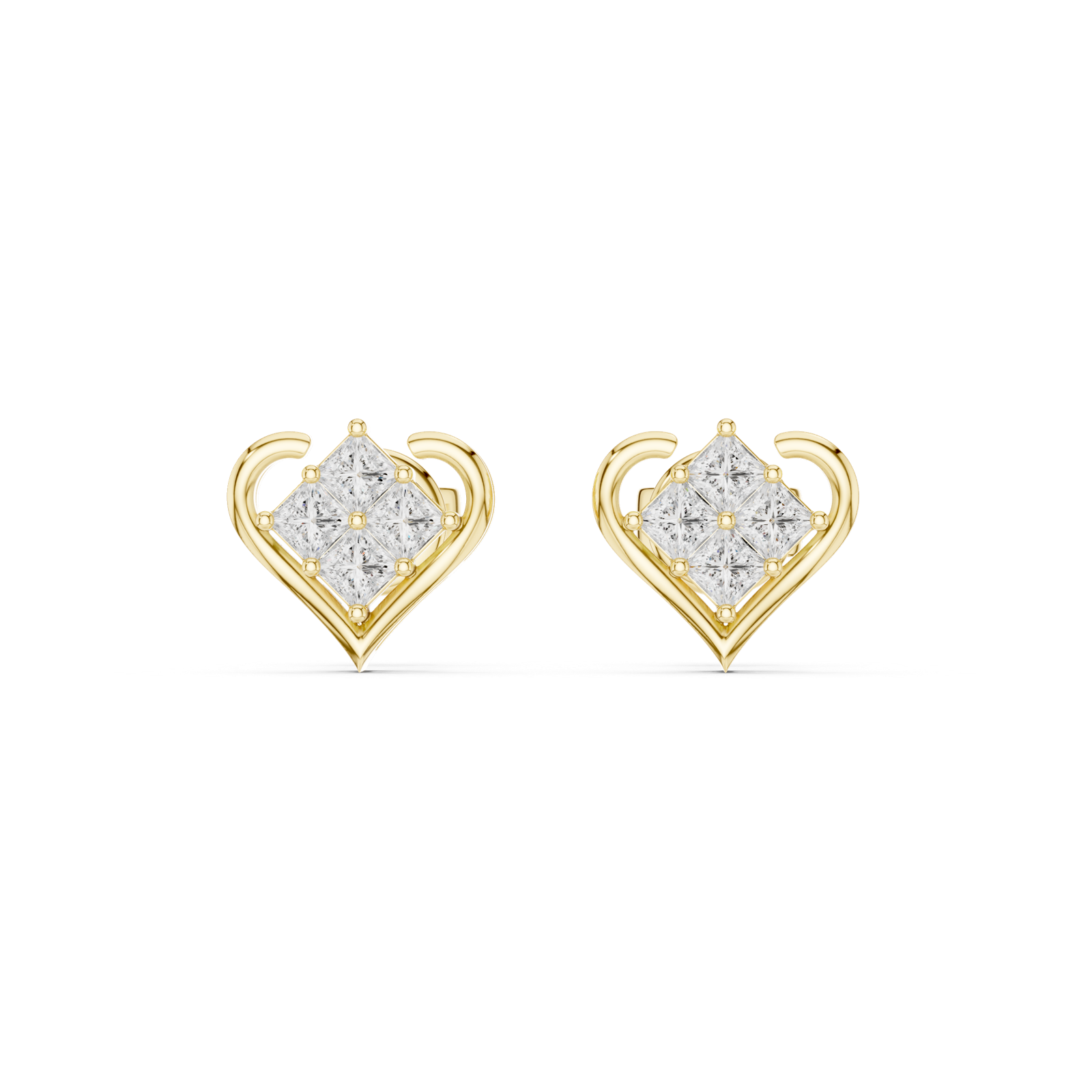 14K Solid Gold Lab Diamond Heart Stud Earrings, Yellow Gold