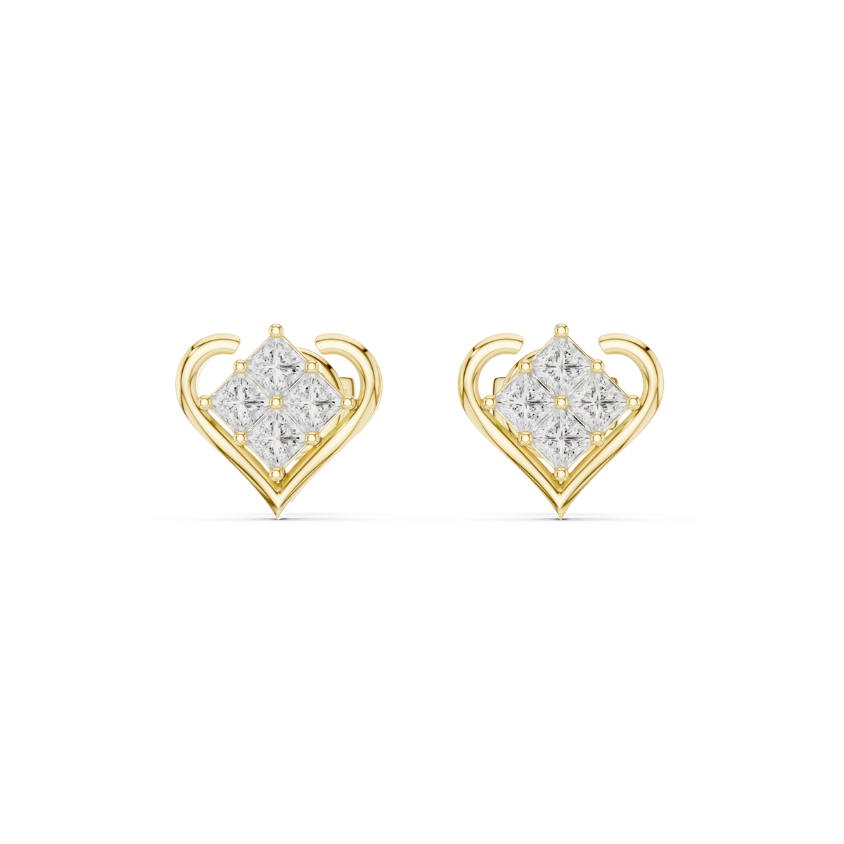 14K Solid Gold Lab Diamond Heart Stud Earrings, Yellow Gold