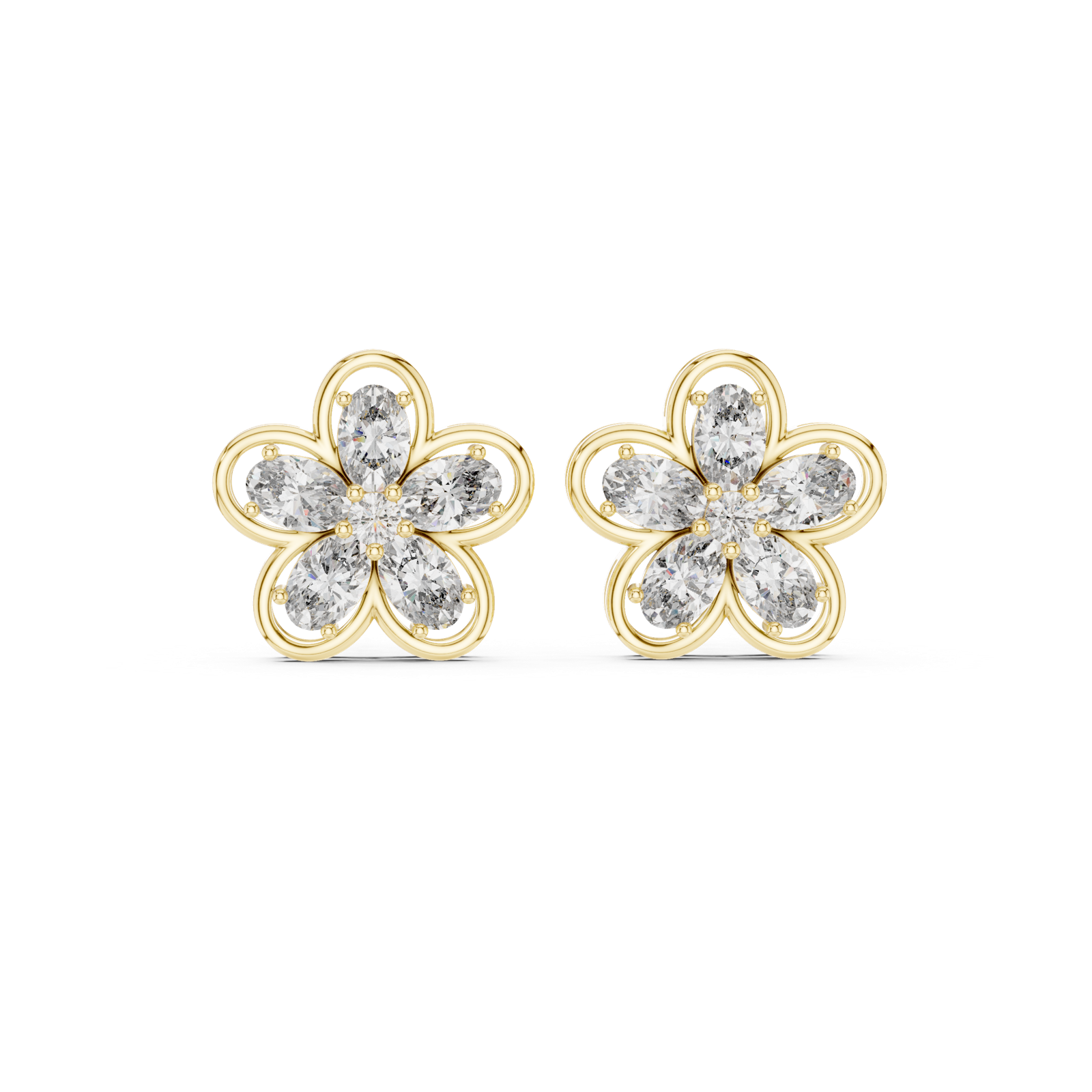 14K Solid Gold Lab Diamond Flower Cluster Earrings, Yellow Gold