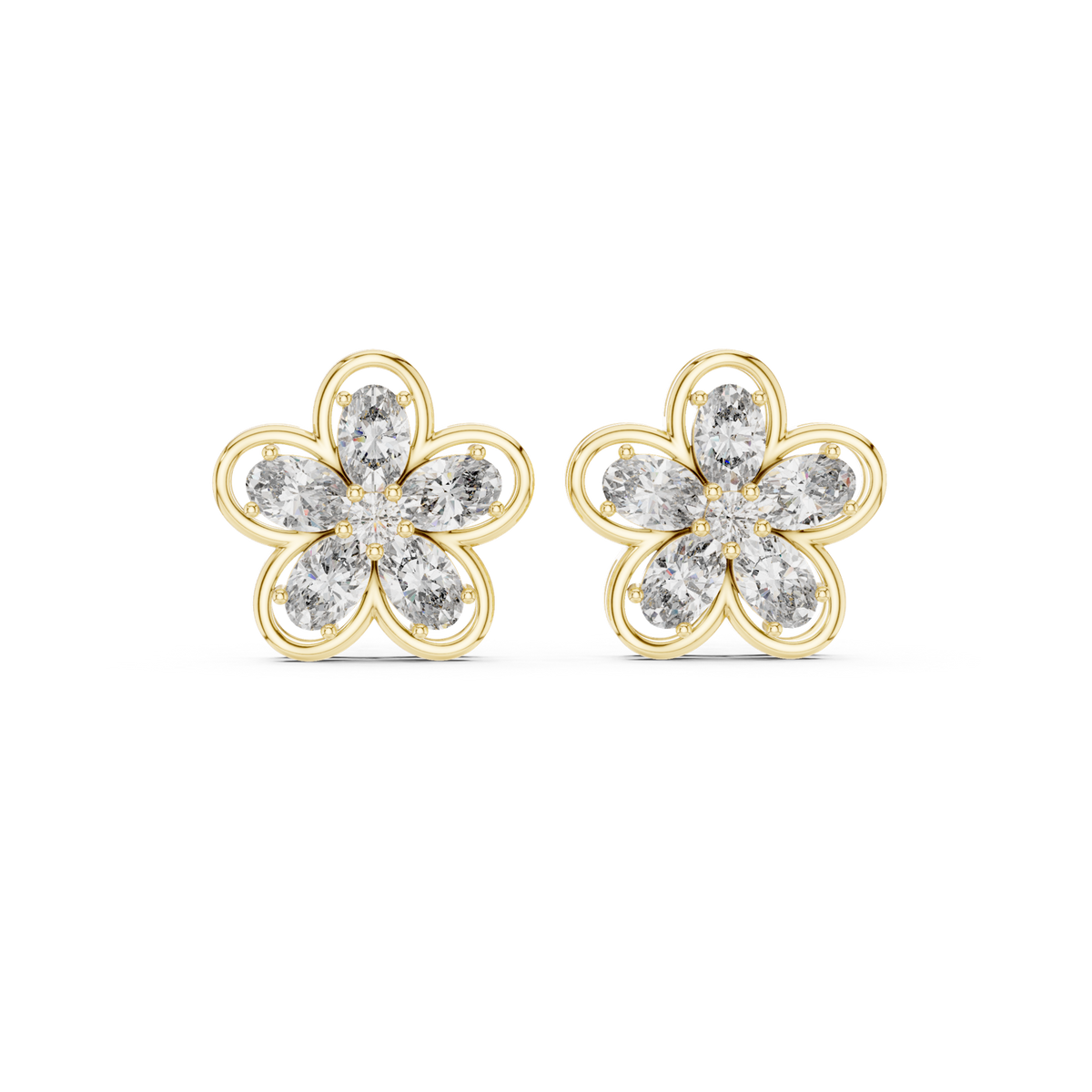 14K Solid Gold Lab Diamond Flower Cluster Earrings, Yellow Gold