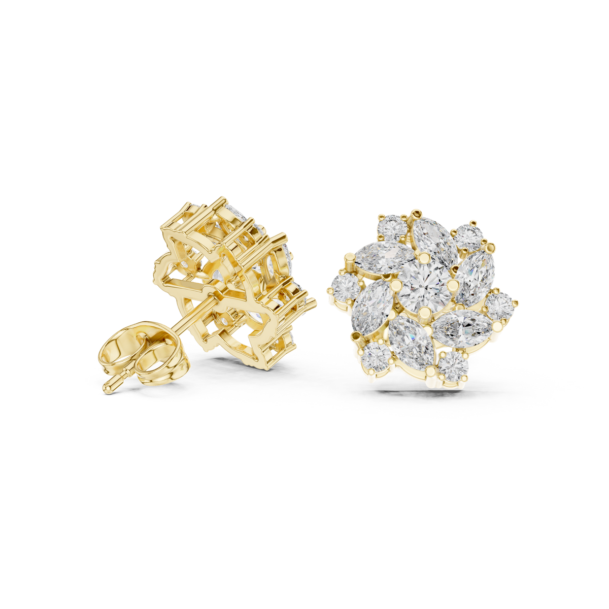 14K Solid Gold Lab Diamond Flower Cluster Earrings, Yellow Gold, view 1