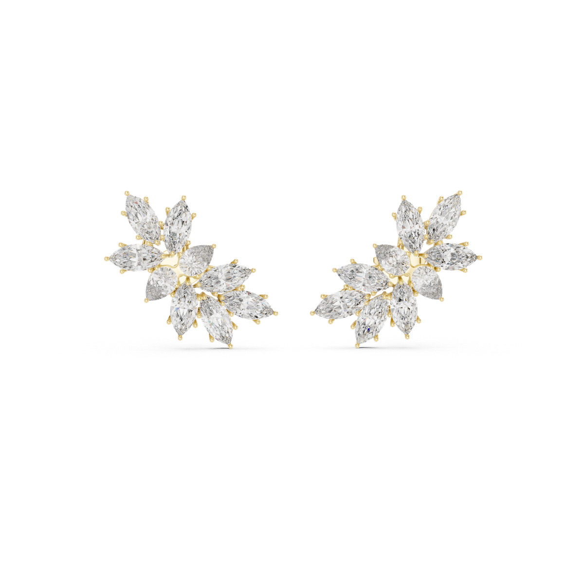 14K Solid Gold Lab Diamond Leaf Cluster Earrings, Yellow Gold