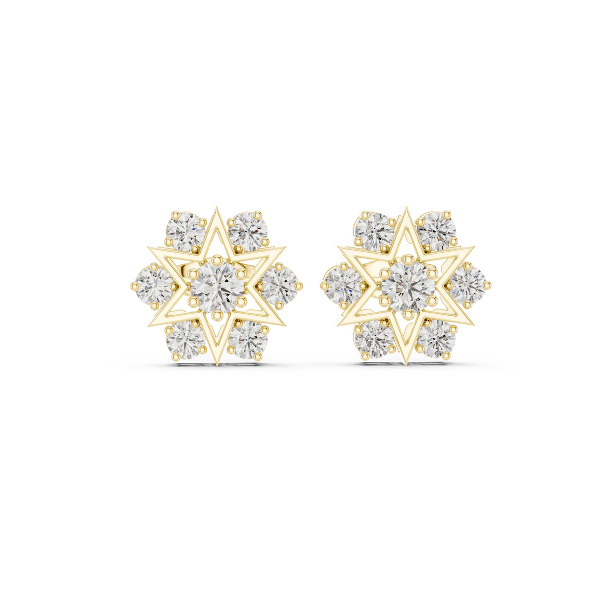14K Solid Gold Lab Diamond Star Cluster Earrings, Yellow Gold