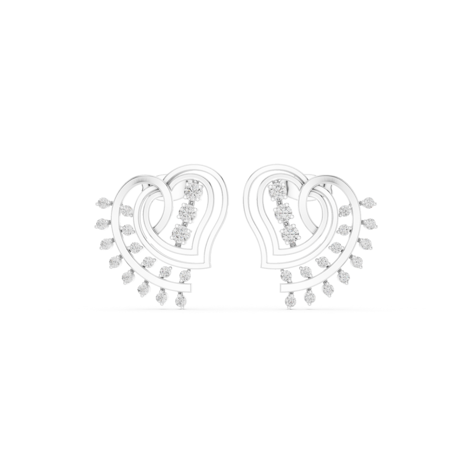 14K Solid Gold Lab Diamond Heart Cluster Earrings, White Gold