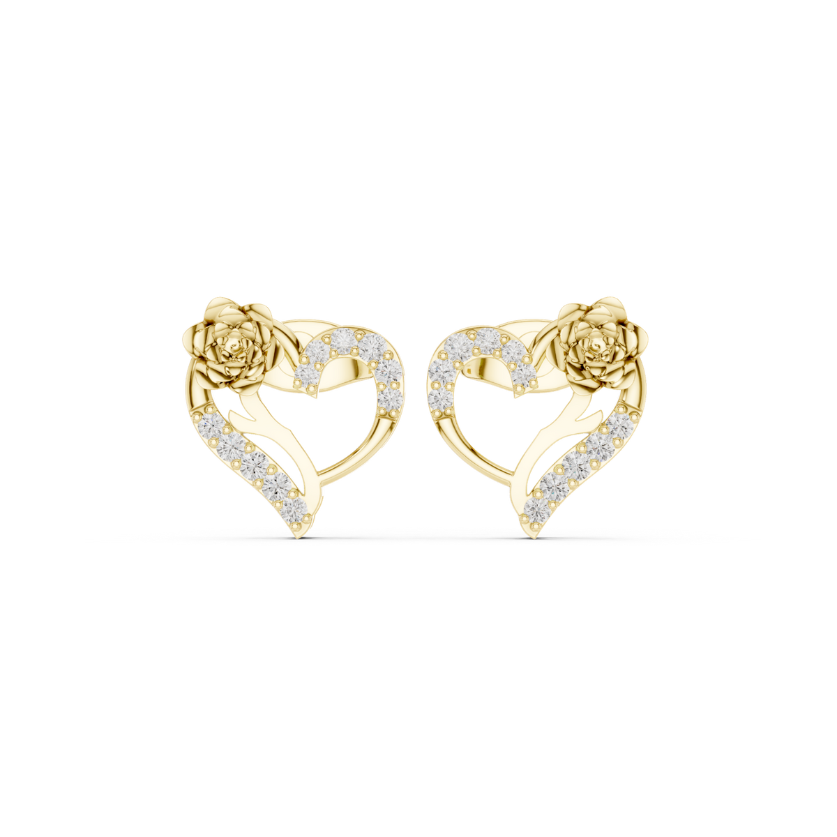 14K Solid Gold Lab Diamond Heart Cluster Earrings, Yellow Gold