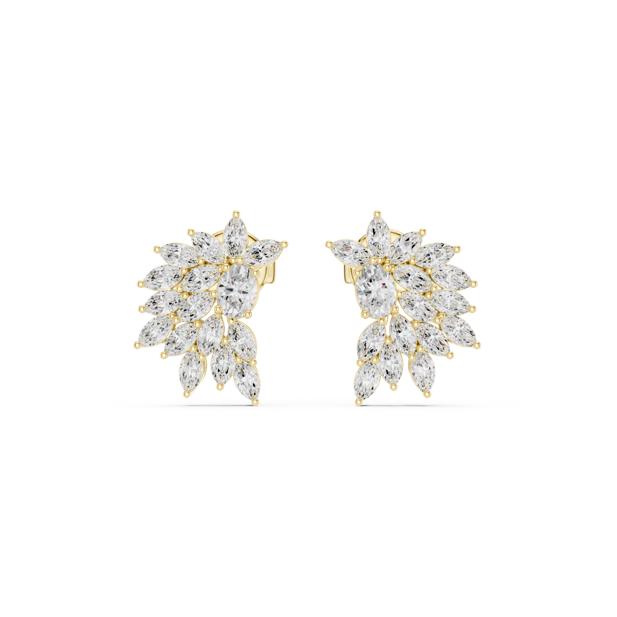 14K Solid Gold Lab Diamond Flower Cluster Earrings, Yellow Gold