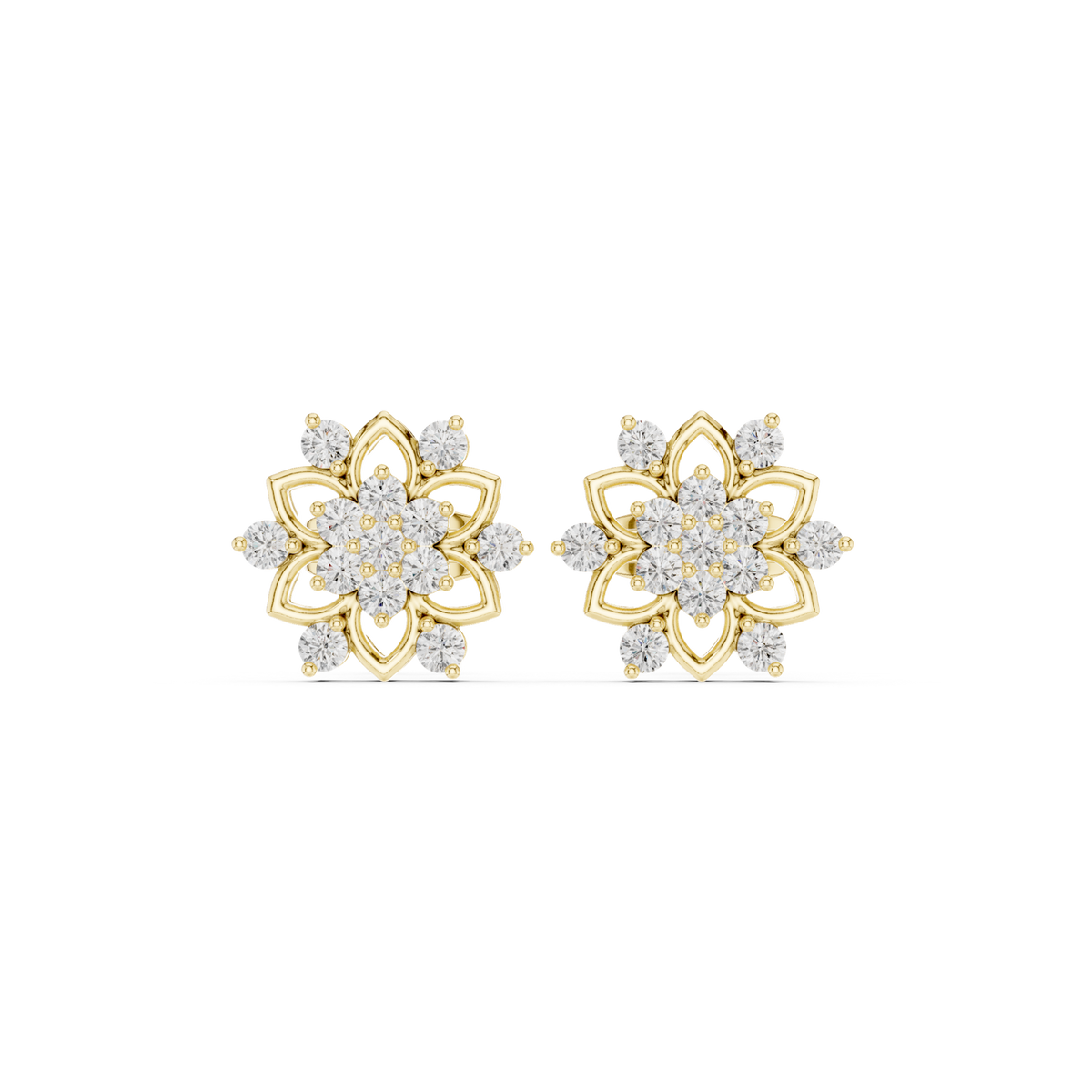 14K Solid Gold Lab Diamond Flower Cluster Earrings, Yellow Gold