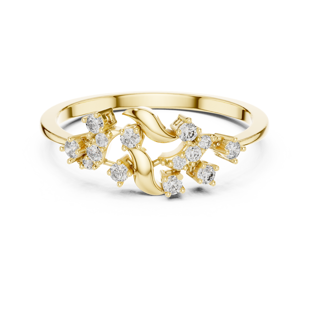 14K Solid Gold Lab Diamond Leaf Cluster Ring, Yellow Gold