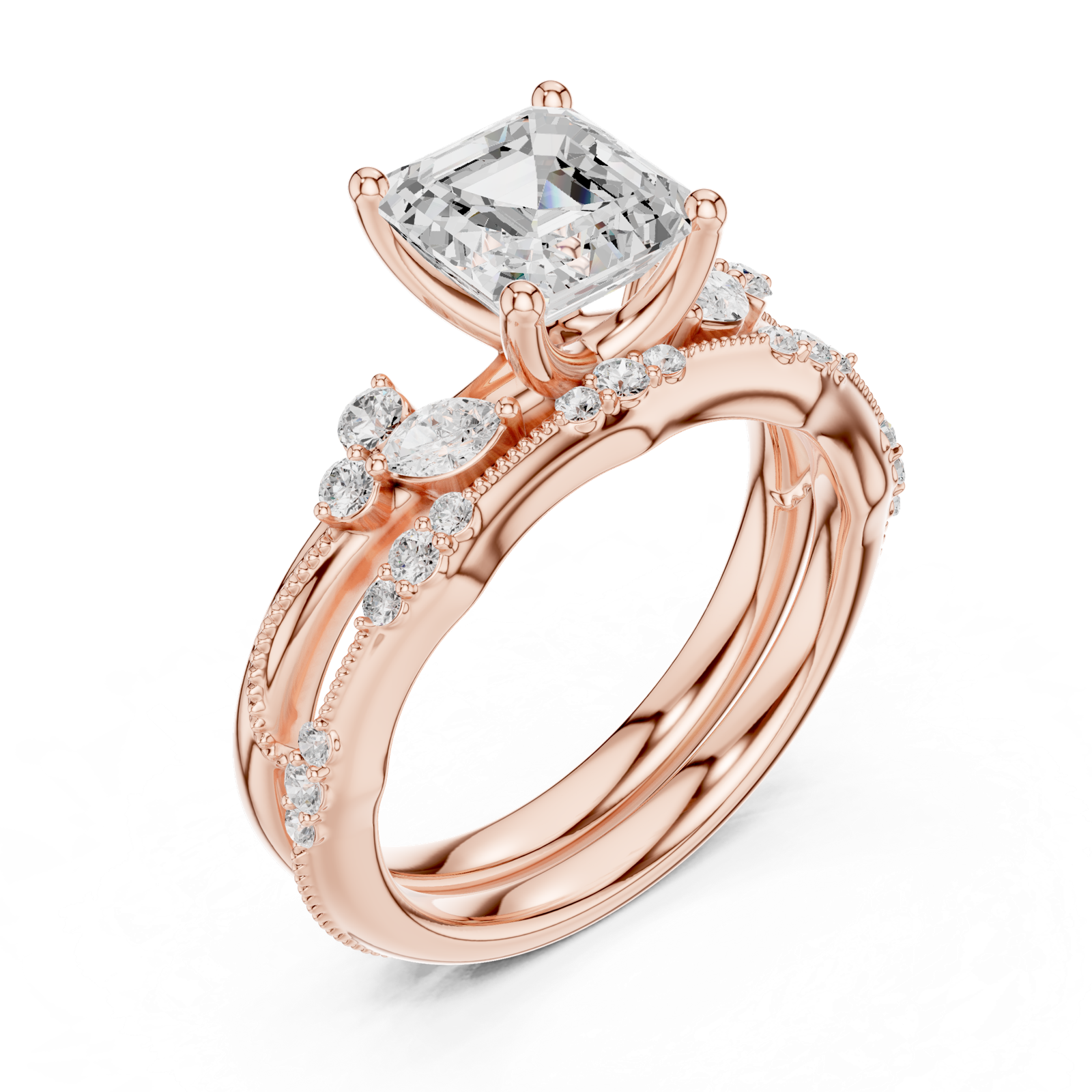 Gold Ring DDLR-299, Asscher center stone, Rose Gold, view 2