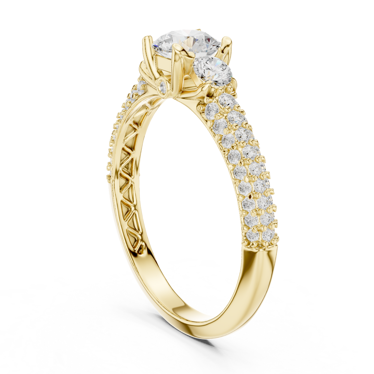 14K Solid Gold Lab Diamond Three-Stone Ring, Yellow Gold, view 1