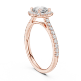 Gold Halo Pave Engagement Ring, Cushion center stone, Rose Gold, view 1
